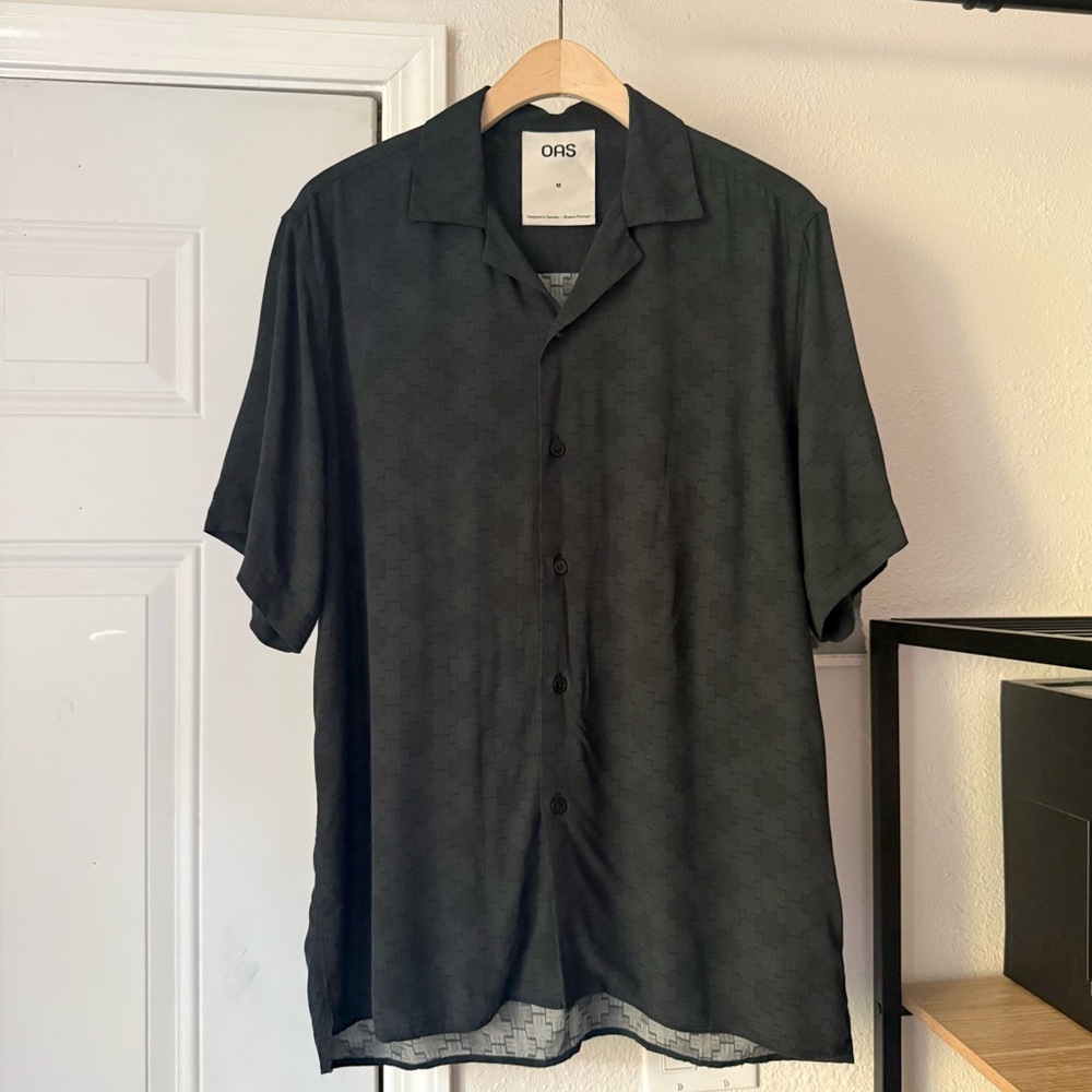 OAS black dark grey washed geo puzzle printed viscose‎ short sleeve button up
